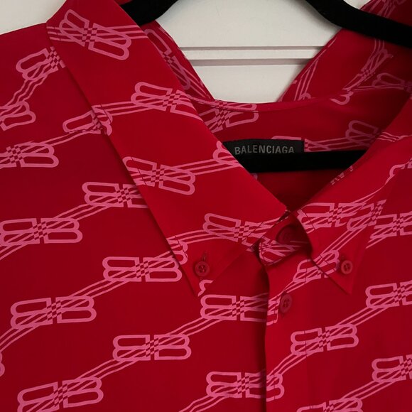 NWT Balenciaga BB Monogram Midi Dress Red Silk Crepe Raw Hem Allover Print Sz 40 - Picture 5 of 12